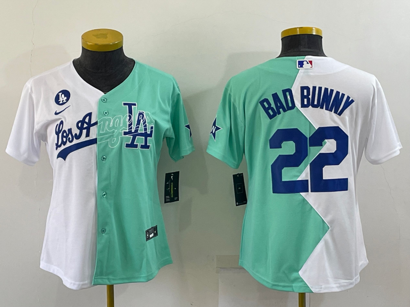 Youth Los Angeles Dodgers #22 Bad Bunny 2022 All-Star White/Green Split Stitched Jersey
